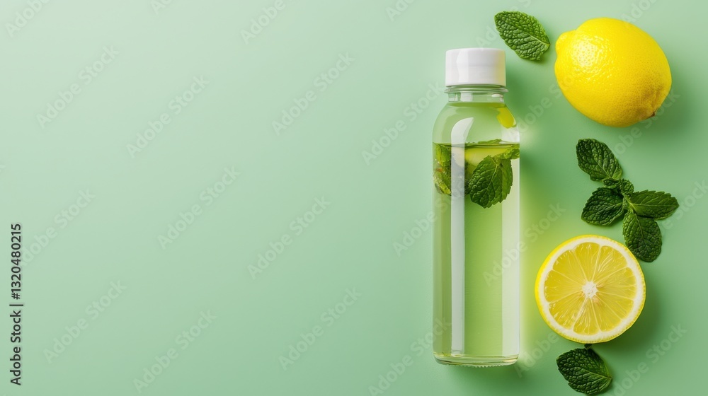 Refreshing lemon and mint infused water on a pastel green background. Refreshing lemon and mint infused water on a pastel green background.