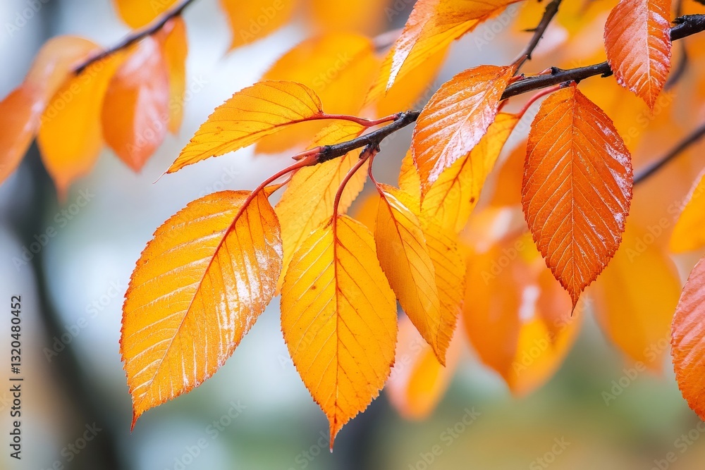 Bright orange leaves hanging from branch during autumn season Bright orange leaves hanging from branch during autumn season