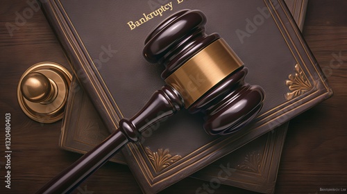 Wooden gavel resting on leather-bound book titled 'bankruptcy law,' symbolizing legal authority and debt resolution concept