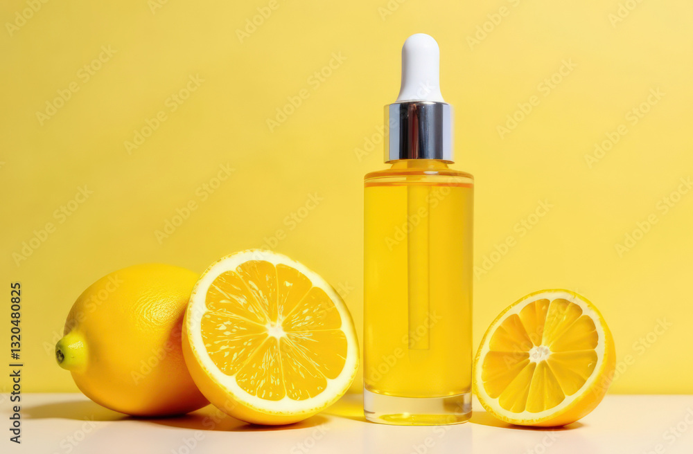 Lemon-themed skincare: aromatic citrus serum with fresh lemons on yellow background Lemon-themed skincare: aromatic citrus serum with fresh lemons on yellow background