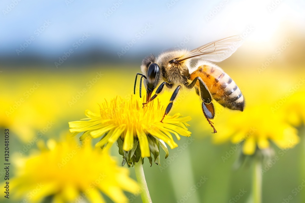 Honey bee pollinating dandelion flower in a field on a sunny day Honey bee pollinating dandelion flower in a field on a sunny day