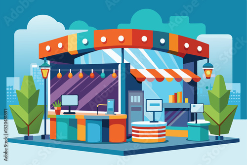 A vibrant stand booth features bright decorations, counters, and engaging displays in a bustling area, Stand booth