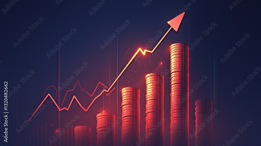 Red arrow graph pointing downward with stack of coins falling, symbolizing financial failure, bankruptcy, and economic decline concept
