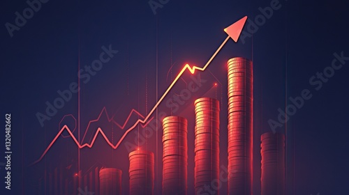 Red arrow graph pointing downward with stack of coins falling, symbolizing financial failure, bankruptcy, and economic decline concept