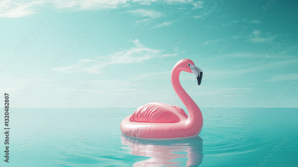 Fototapeta premium Pink flamingo pool float floating on calm turquoise water under a clear blue sky, symbolizing summer relaxation and vacation vibes 