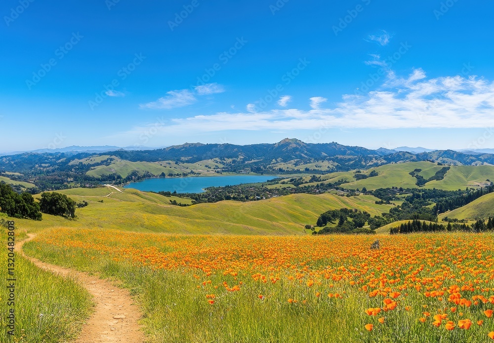 Fototapeta premium Scenic Landscape View of Golden Poppies Flourishing on Rolling Hills Near a Serene Blue Lake Under a Bright Blue Sky with Wispy Clouds
