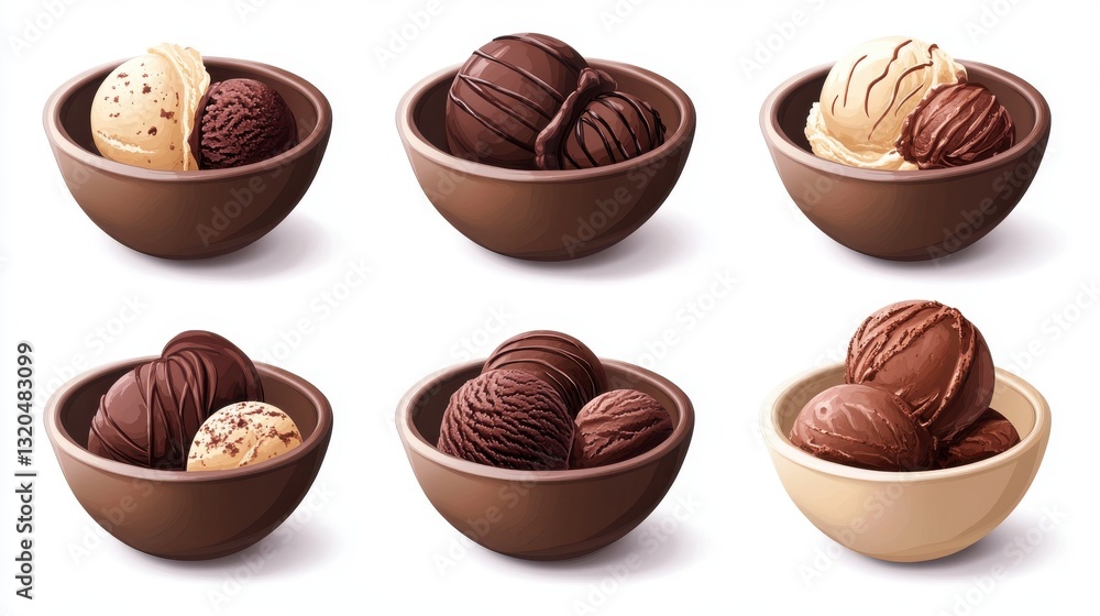 Six bowls of delicious ice cream in various chocolate and vanilla flavors. Six bowls of delicious ice cream in various chocolate and vanilla flavors.