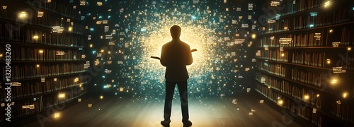 A writer standing in a library where words float freely in the air, shaping themselves into glowing symbols