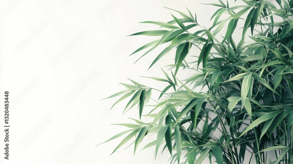 Obraz premium Lush green bamboo leaves against a white background. Serene and minimalist.