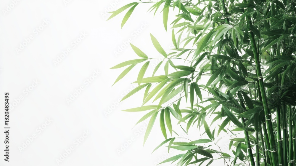 Lush green bamboo leaves against a bright white background. Serenity and peace. Lush green bamboo leaves against a bright white background. Serenity and peace.