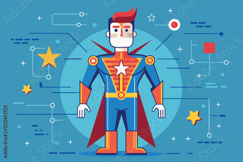 A whimsical starman character stands confidently against a bright blue backdrop, surrounded by stars, Starman Customizable Disproportionate Illustration