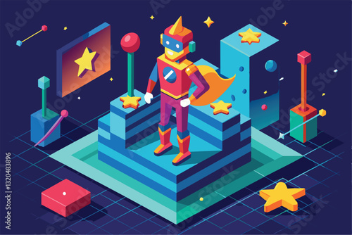 A playful starman character stands confidently on a distinctive platform amidst geometric shapes, Starman Customizable Isometric Illustration