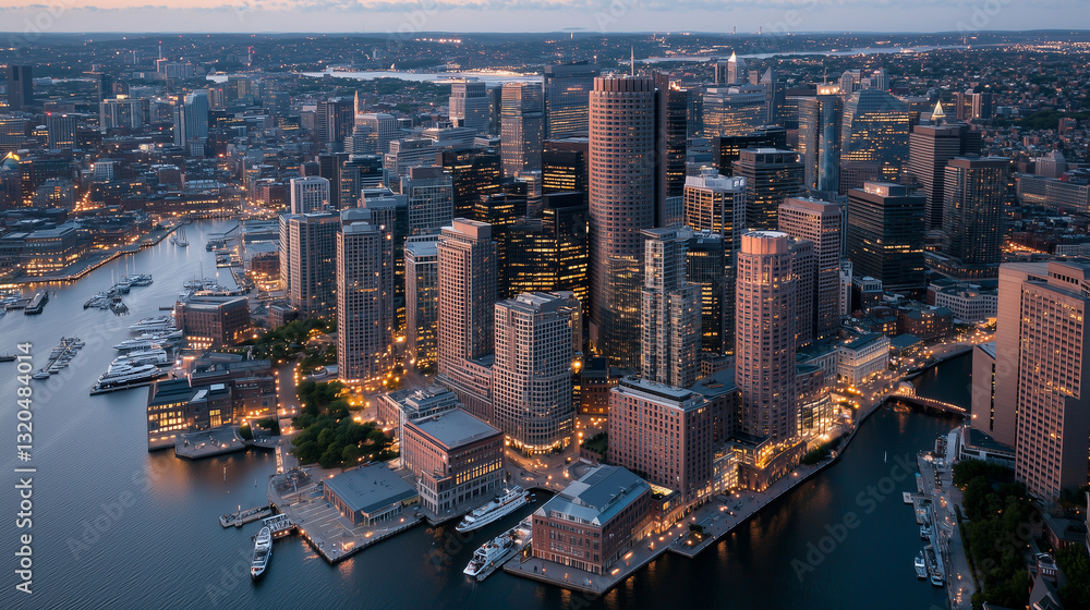 Fototapeta premium Aerial View of Boston City Skyline with Iconic Skyscrapers and Waterfront Reflections
