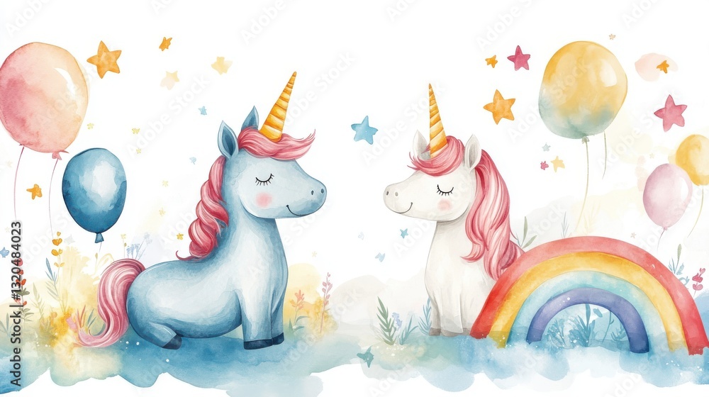 Fototapeta premium Two adorable unicorns, one blue and one white, frolic amidst pastel balloons and a rainbow.