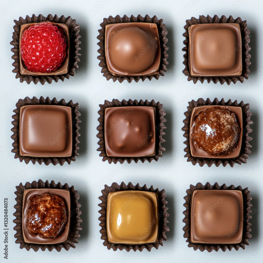 Delightful variety of artisan chocolates captured in a beautiful flat-lay arrangement on a white background for dessert lovers Delightful variety of artisan chocolates captured in a beautiful flat-lay arrangement on a white background for dessert lovers