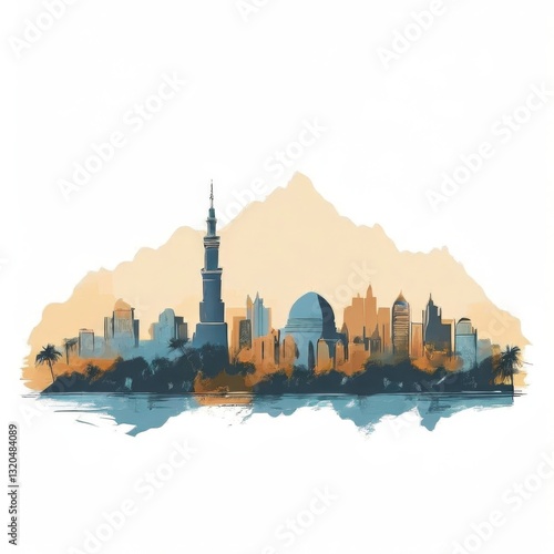 Wallpaper Mural an AI Image Generator, Vibrant Watercolor Skyline Reflecting in Tranquil Waters Torontodigital.ca