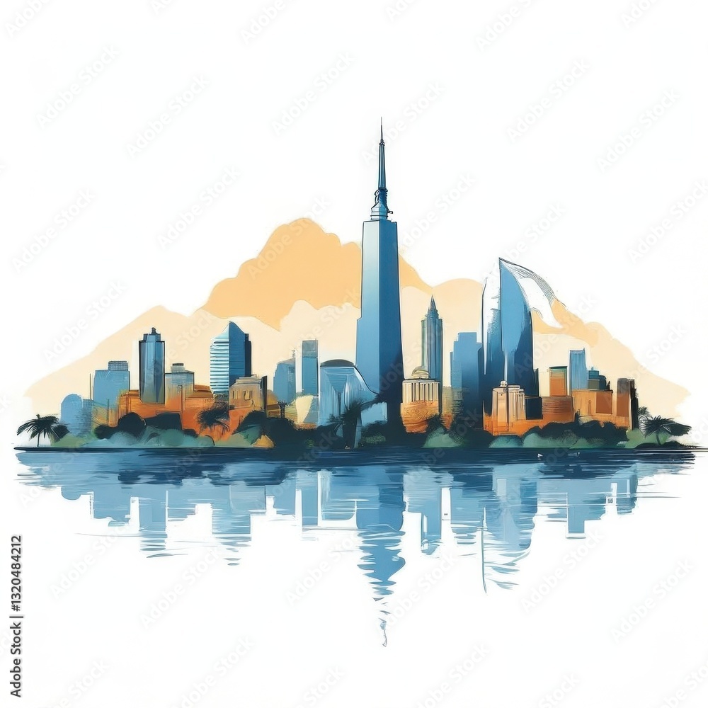 Obraz premium an AI Image Generator, Vibrant Watercolor Skyline Reflecting in Tranquil Waters