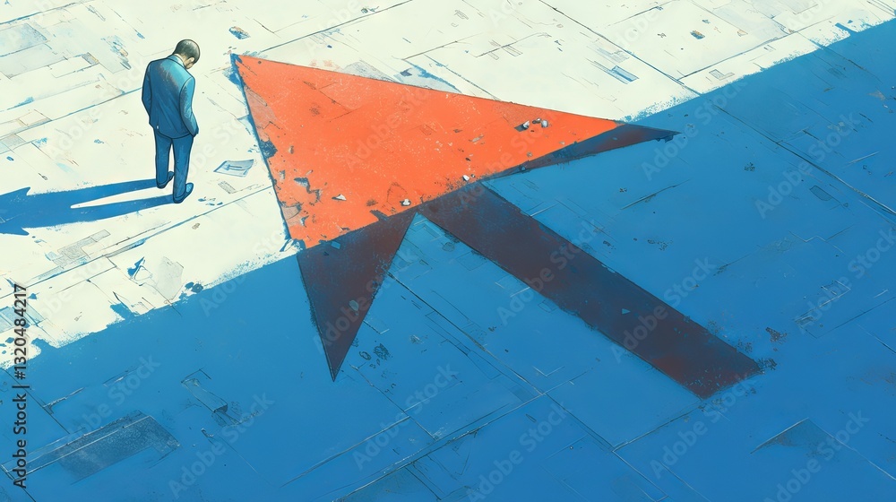 Depressed businessman looking down at falling red arrow piercing concrete floor, symbolizing financial loss and bankruptcy concept