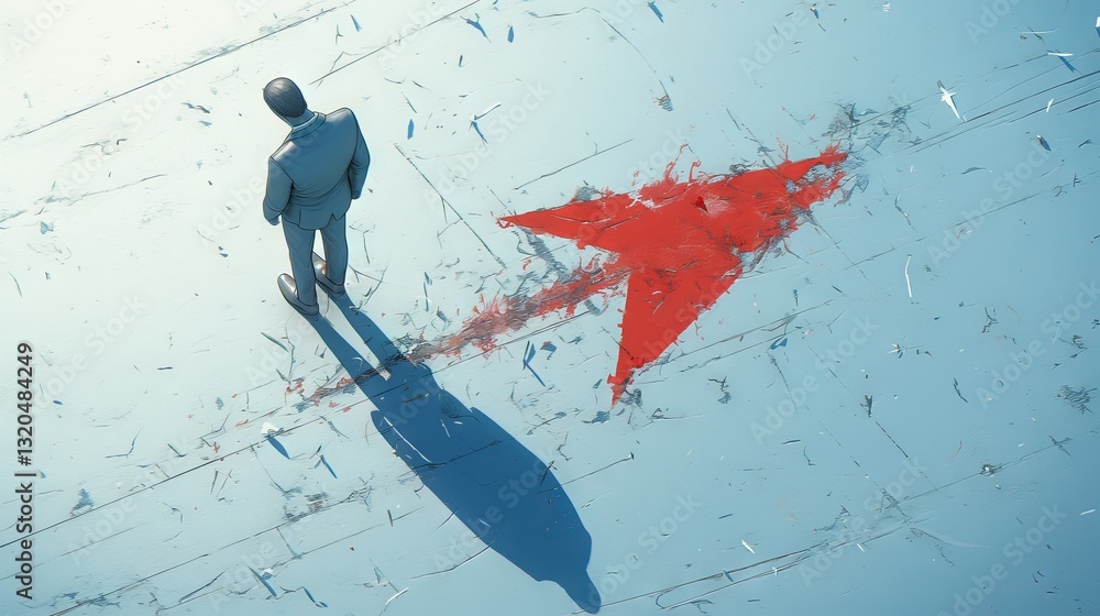 Depressed businessman looking down at falling red arrow piercing concrete floor, symbolizing financial loss and bankruptcy concept