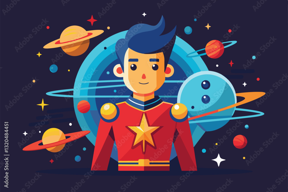 Naklejka premium A vibrant starman stands confidently in a cosmic environment surrounded by planets and stars, Starman Customizable Semi Flat Illustration