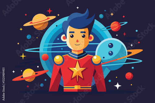A vibrant starman stands confidently in a cosmic environment surrounded by planets and stars, Starman Customizable Semi Flat Illustration