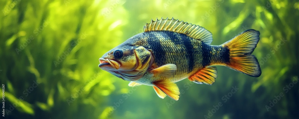 Fototapeta premium A beautifully colored fish swims gracefully among green aquatic plants