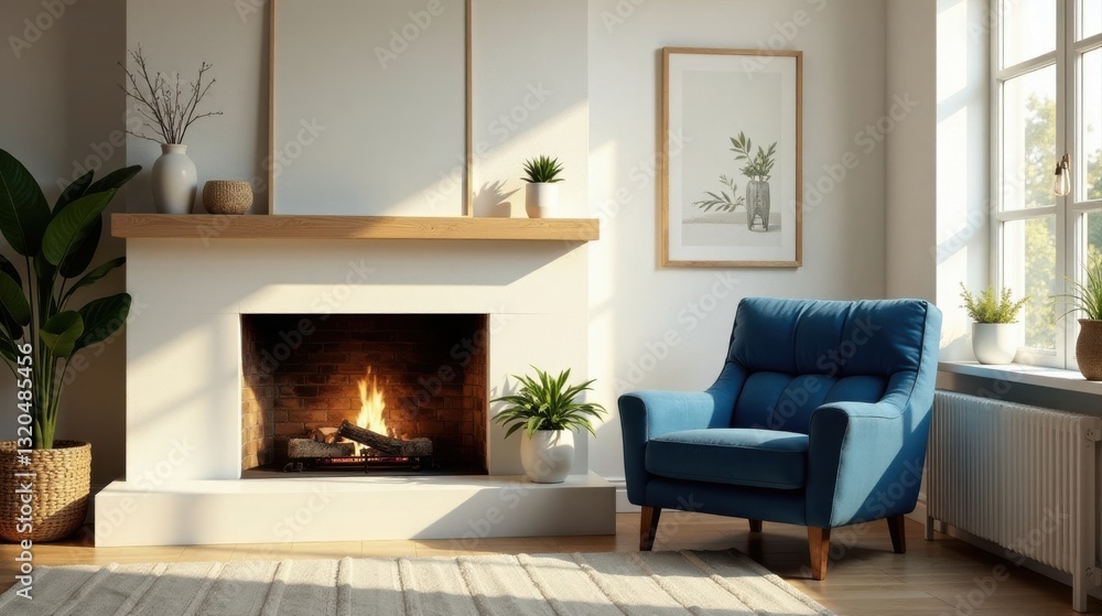 Fototapeta premium Serene living room with a cozy fireplace, stylish armchair, and natural light streaming through a window, creating a peaceful and inviting atmosphere