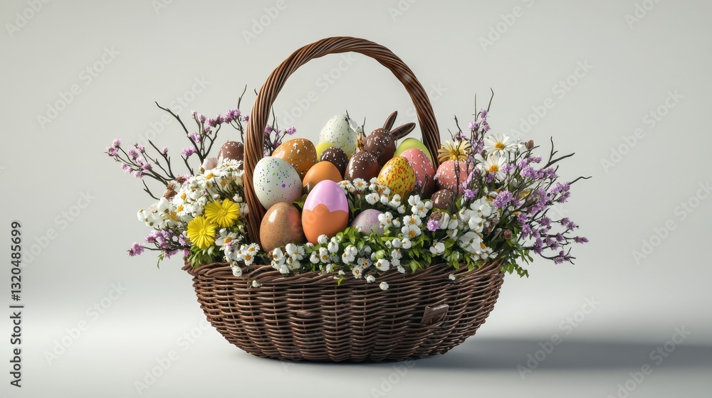 Brown Wicker Basket Filled with Colorful Easter Eggs and Spring Flowers Brown Wicker Basket Filled with Colorful Easter Eggs and Spring Flowers