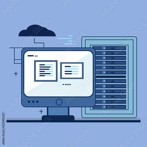 Website hosting service connected to server with cloud storage concept illustration blue