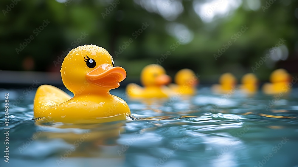 Cheerful Yellow Rubber Ducks Floating on Water Cheerful Yellow Rubber Ducks Floating on Water