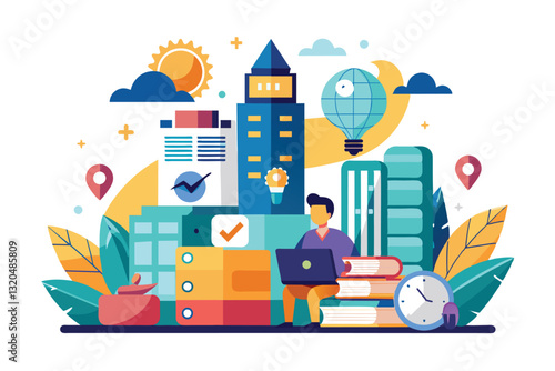 A person works on a laptop surrounded by colorful city elements, inspiring creativity and project development, Starting a business project Customizable Semi Flat Illustration