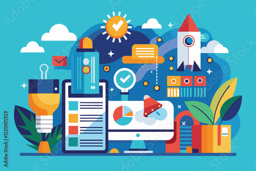 A vibrant workspace showcases elements for launching a business project using customizable designs and tools, Starting a business project Customizable Semi Flat Illustration