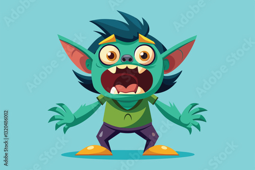 A startled cartoon character with green skin and big eyes expresses surprise in a colorful environment, Startled Customizable Cartoon Illustration