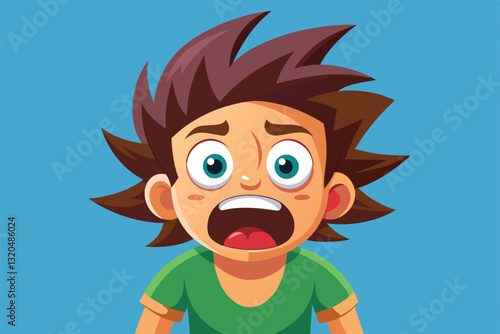 A customizable cartoon character with spiky hair looks surprised, eyes wide and mouth open in shock, Startled Customizable Cartoon Illustration