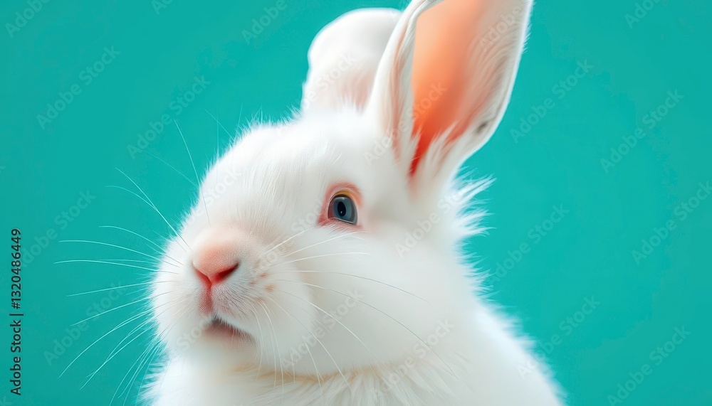 Fluffy white rabbit head, large ears, teal background , ears, green Fluffy white rabbit head, large ears, teal background , ears, green