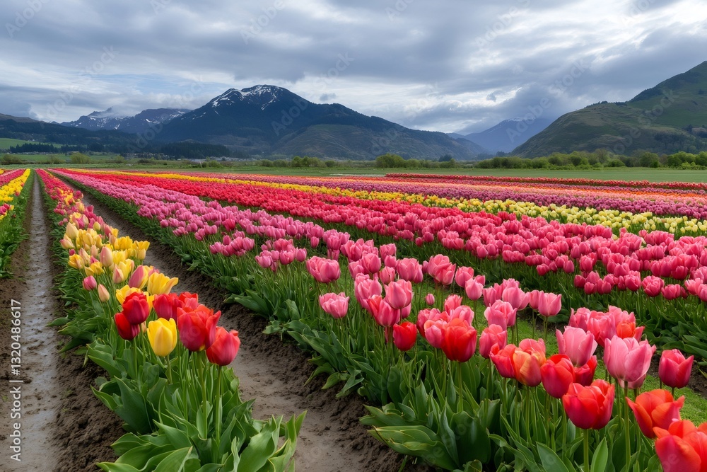 Colorful tulip field blooming in spring with mountains in background Colorful tulip field blooming in spring with mountains in background