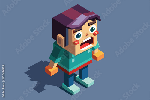A customizable isometric character displays a startled expression, evoking surprise indoors, Startled Customizable Isometric Illustration