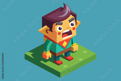 A customizable character stands on a grassy patch, displaying a startled expression and vibrant colors, Startled Customizable Isometric Illustration