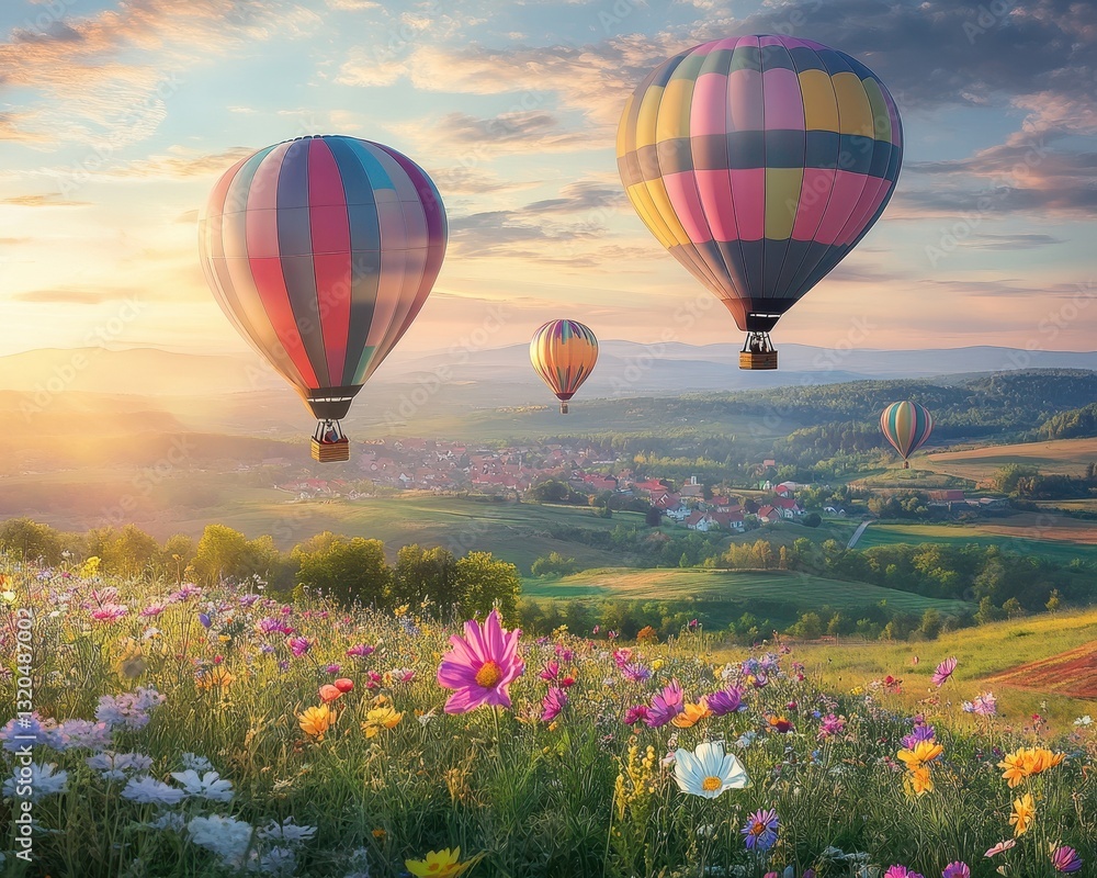 Fototapeta premium Colorful Hot Air Balloons Over a Flower Field at Sunrise
