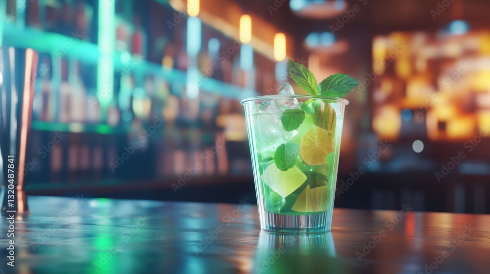 Refreshing mojito cocktail sitting on bar counter in nightclub Refreshing mojito cocktail sitting on bar counter in nightclub