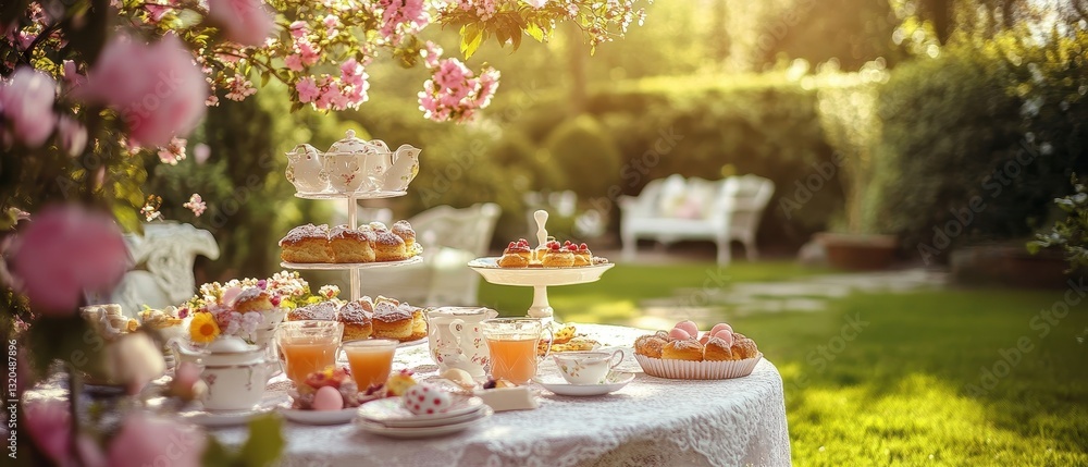 Fototapeta premium Elegant Outdoor Tea Party with Pink Flowers and Pastries