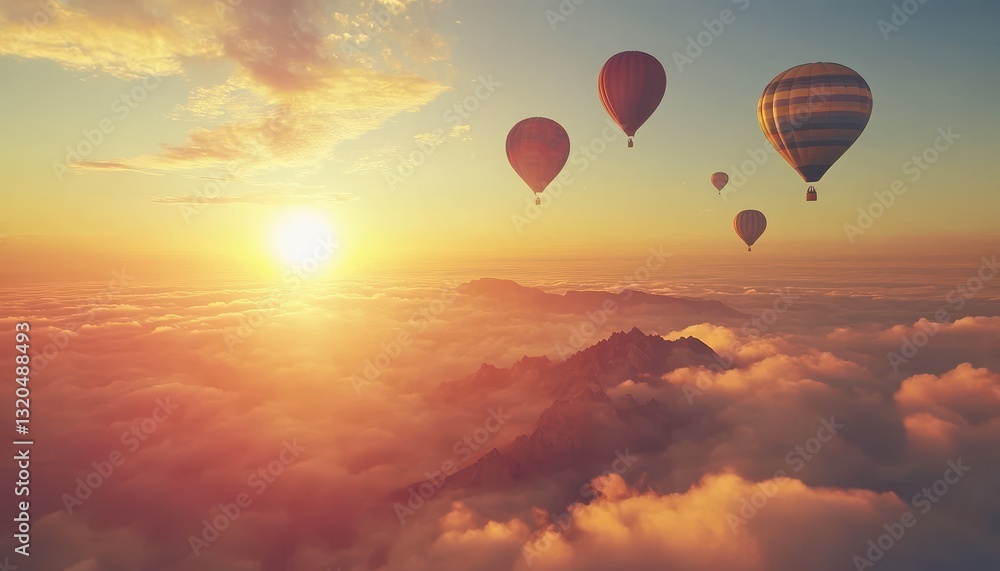 Fototapeta premium Hot Air Balloons Soaring Above a Mountainous Landscape at Sunset