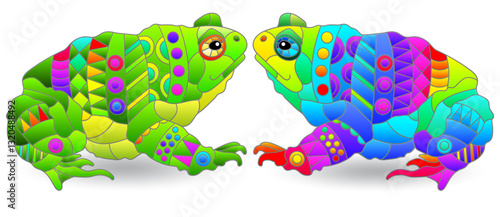A set of illustrations in the style of stained glass with toads , animals isolated on a white background