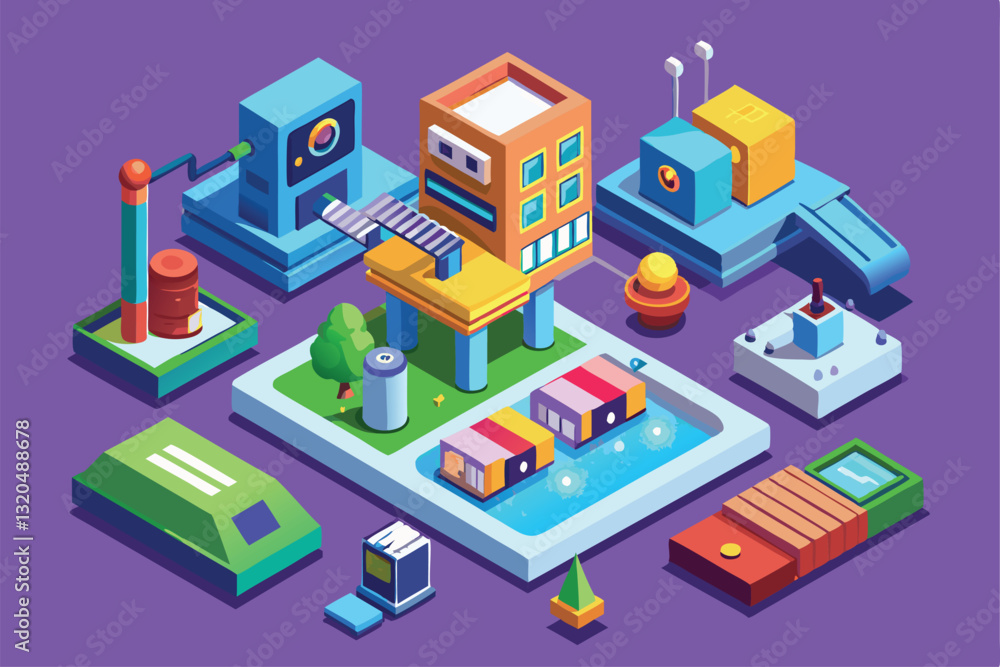 A colorful isometric illustration shows diverse buildings, pathways, and greenery in a stylized urban setup, Static assets Customizable Isometric Illustration A colorful isometric illustration shows diverse buildings, pathways, and greenery in a stylized urban setup, Static assets Customizable Isometric Illustration