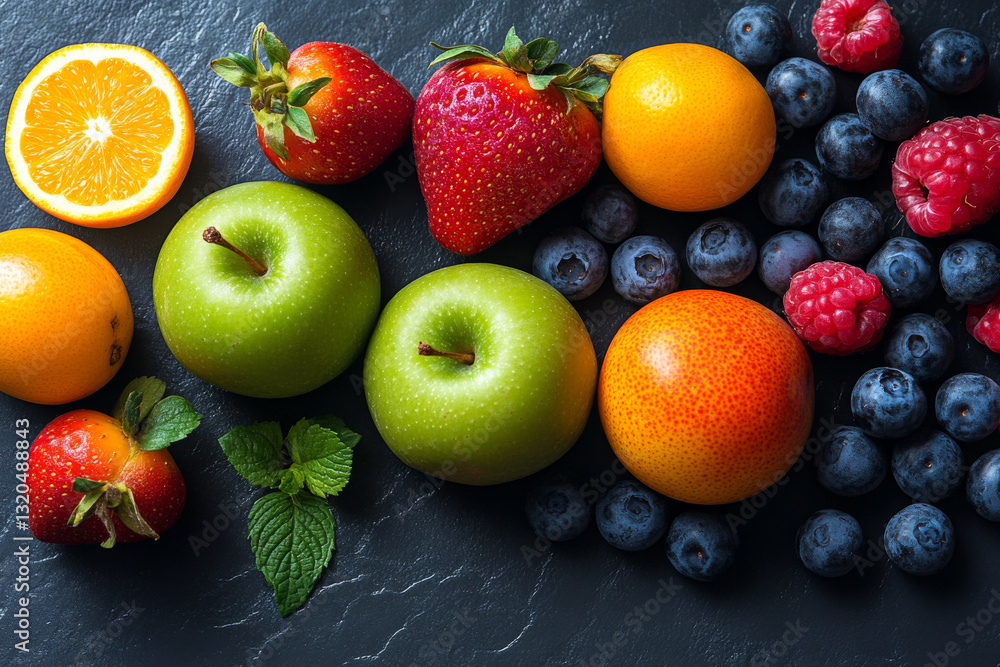 Fresh fruits including apples, berries, and citrus Fresh fruits including apples, berries, and citrus