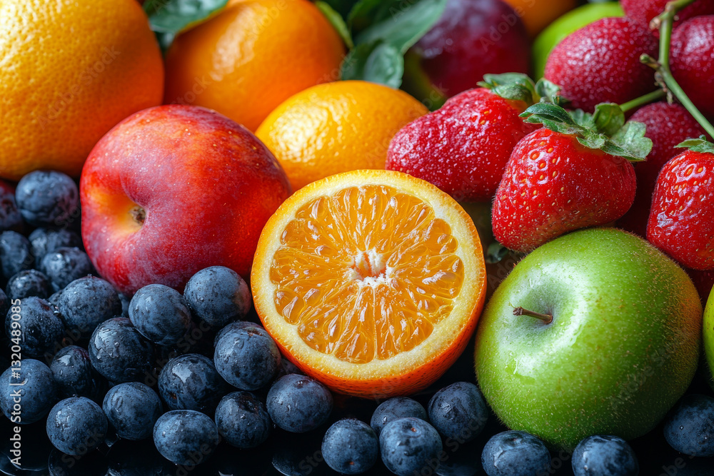 Fresh fruits including oranges, strawberries, and blueberries