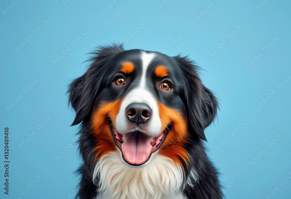 Happy Bernese Mountain Dog portrait, studio shot on solid background, brown, eyes Happy Bernese Mountain Dog portrait, studio shot on solid background, brown, eyes