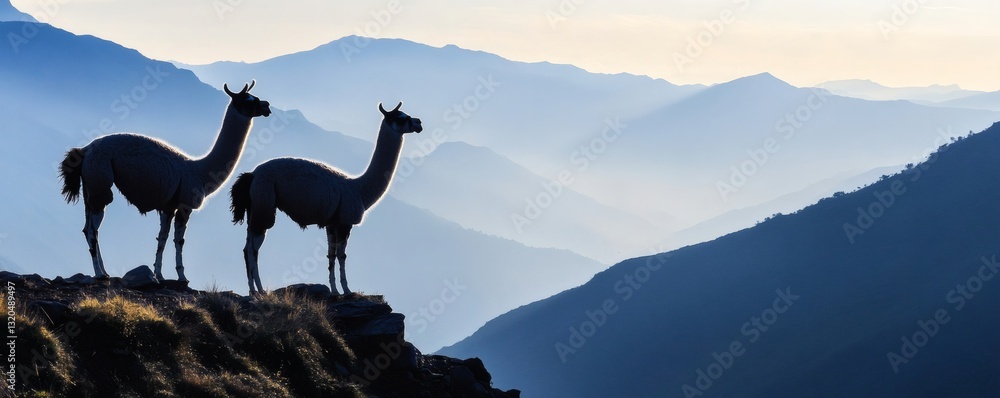 Fototapeta premium Two Llamas Stand Silhouetted Against Mountain Range Backgrounds