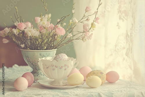 Pastel Easter Eggs and Spring Flowers in Vintage Setting
