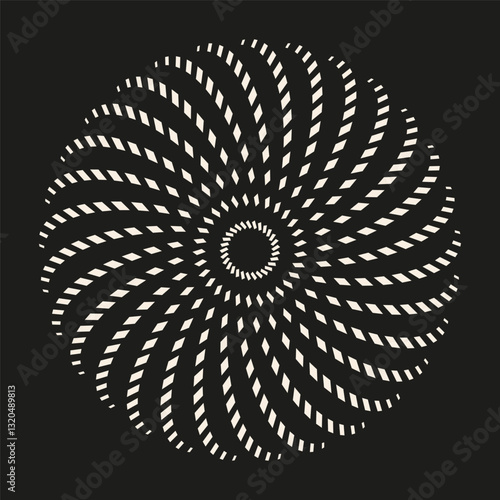 Beige dotted twirl rosette object on black background. Design element for logo, web pages, prints, posters, template.